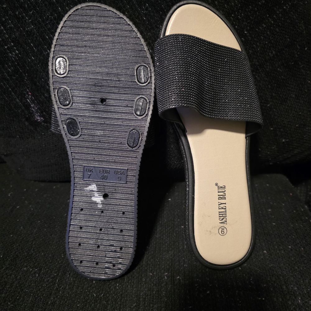 Ashley Blue Black Slide Mules with Textured Strap